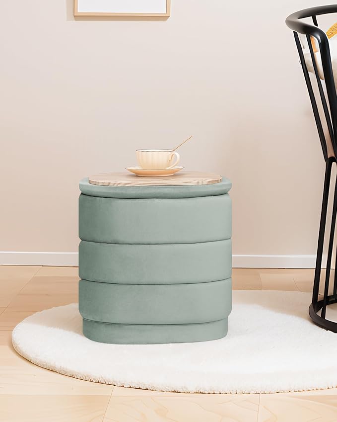 B FSOBEIIALEO Velvet Storage Ottoman with Tray, Square Folding Ottoman with Storage Coffee Table Foot Rest for Dorm Room, Living Room Sage, 15"x15"x15"