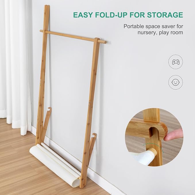 Jotsport Bamboo Kids Dress Up Rack Foldable Design with Fabric Storage | Small Kids Clothing Rack Toddler Wardrobe Closet for Play Room, Nursery, Baby Shower