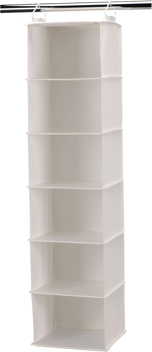 Household Essentials 6‑Shelf Hanging Closet Organizer in Soft Blended Canvas with Durable Plastic Shelving and Dual Wire Hooks, Cream