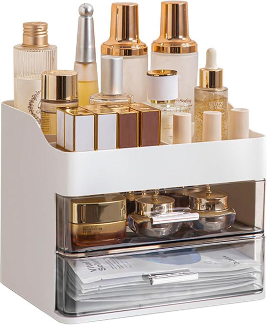 DASITON Makeup Organizer with 2 Drawers, Large Capacity Makeup Cosmetic Organizers for Vanity Dresser Bathroom Countertop, Vanity Organizer Makeup Storage Box for Skincare, Eyeshadow, Lotions (White)