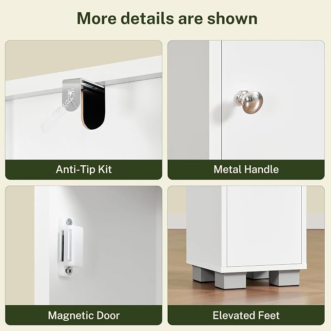 Bathroom Cabinet, Narrow Bathroom Storage Cabinet with 5 Adjustable Shelves & Drawer, Freestanding Cupboard for Small Spaces, White