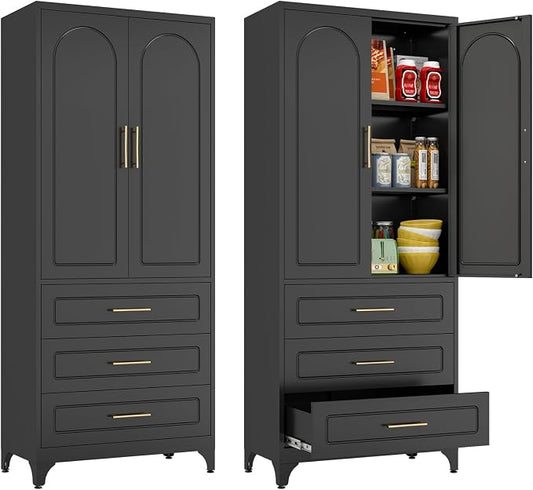 Polup 75" Tall Black Metal Pantry Storage Cabinet with 3 Drawers | Heavy-Duty Steel Kitchen Cabinet, 2 Adjustable Shelves & Magnetic Doors, Leveling Feet, for Dining Living Room, Laundry