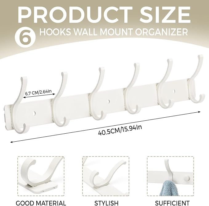 Wall Mount Coat Rack 1 Pack, White Coat Hooks Hanger with 6 Double Hooks | Zinc Alloy, Smooth Hook Edges, Screw Installation, Double Hooks，Greater Storage Space for Hanging Robes, Clothes, Bags, Hat