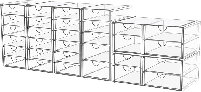 YFXCVSL 6-Pack Acrylic 31-Drawer Storage & Makeup Organizer for Desk | Smooth-glide drawers, clear acrylic, stackable, dustproof, wipe-clean, for makeup palettes, lipsticks, blushes, cotton pads