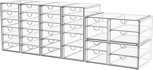 YFXCVSL 6-Pack Acrylic 31-Drawer Storage & Makeup Organizer for Desk | Smooth-glide drawers, clear acrylic, stackable, dustproof, wipe-clean, for makeup palettes, lipsticks, blushes, cotton pads