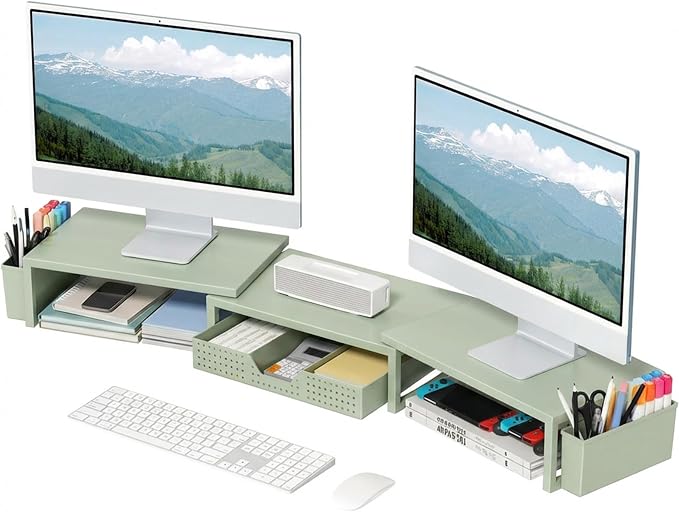 OPNICE Desk Organizers and Accessories, Dual Monitor Stand Riser with Drawer and 2 Pen Holders, Desk Shelf Computer Monitor Stand for Office Workspace Organizers, Desktop Organization (Green)