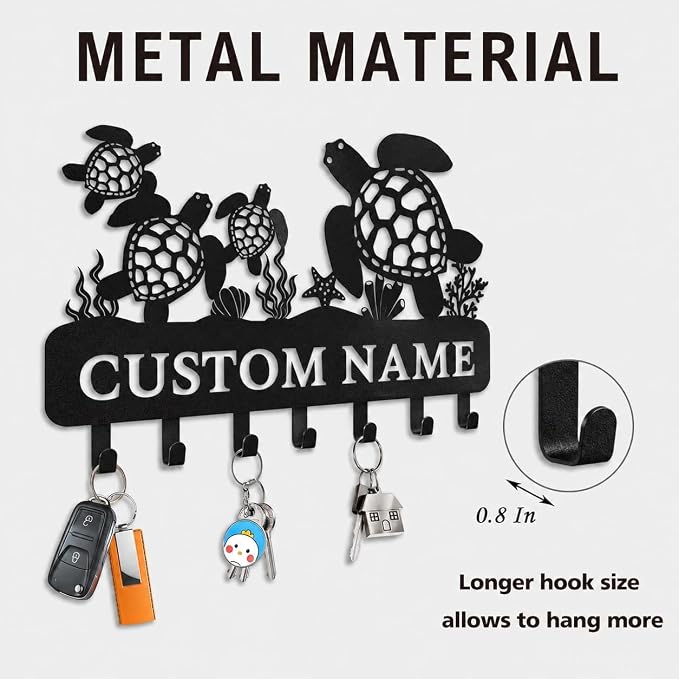 Personalized Key Holder for Wall, Sea Turtle Custom Key Hooks | Sea turtle key organizer, metal key rack for beach house decor, coastal wall hooks, ocean lover and entryway decor