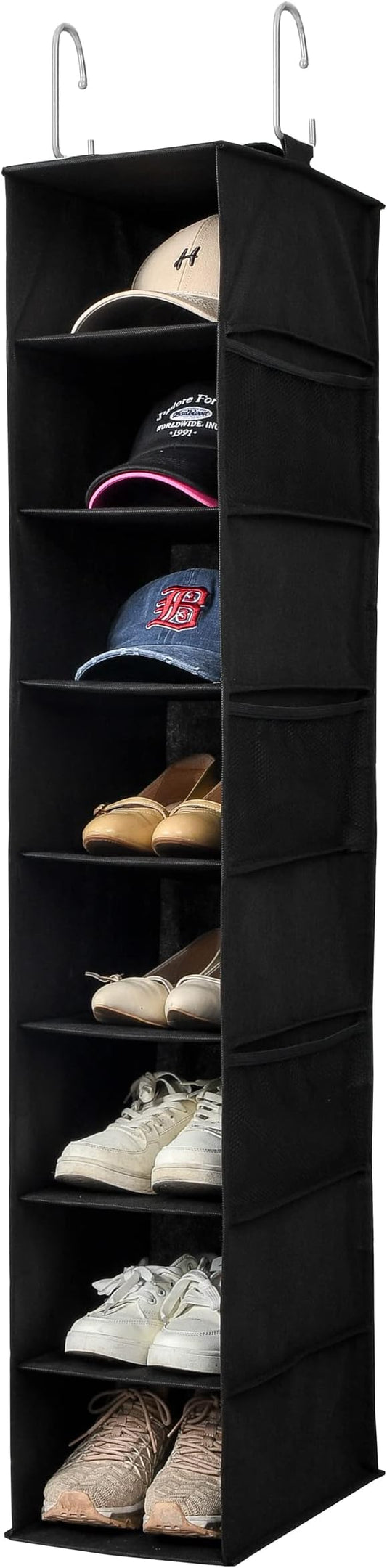 Berdeng Hanging Shoe Organizer for Closet with Side Mesh Pockets，Hat Racks for Baseball Caps，Shoe and Hat Holder & Storage，8-Shelf，Black，1 Pack