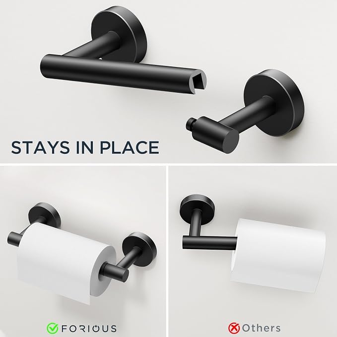 FORIOUS Bathroom Accessories, 8-Piece Bathroom Hardware Set - 24" Towel Bar | Matte Black | Towel Hooks, Towel Racks for Bathroom, Toilet Paper Holder Wall Mounted & Towel Ring | SUS304 Stainless Steel