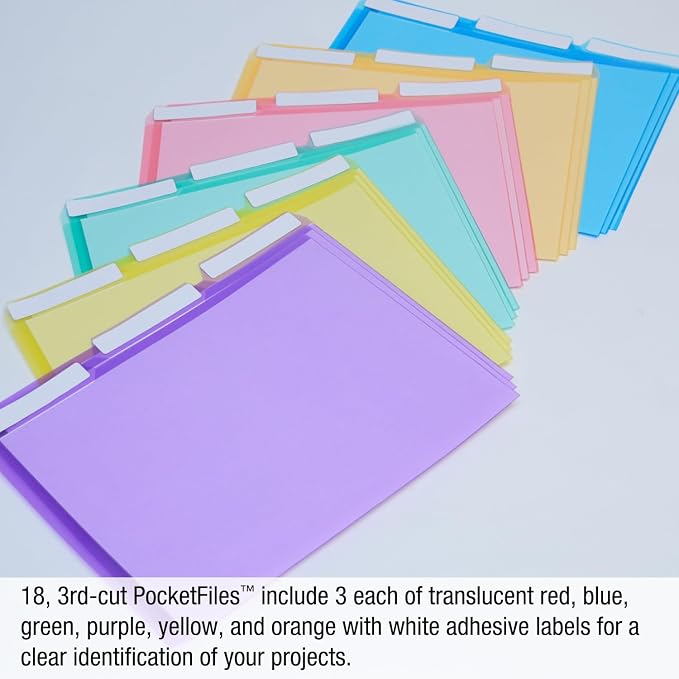 Ultimate Office PocketFile Clear Document Folders, 3rd-Cut, Set of 18 | Clear poly project pockets in 6 assorted colors; letter size; sort, color-code, and protect documents without punching