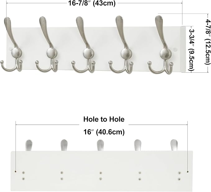 SKOLOO Creations White Solid Wood Wall Mounted Coat Rack, 5 Hooks, 16-7/8" Long - Kitchen, Mudroom, Entryway, Bathroom - Includes Mounting Hardware, Wall Coat Hanger, Towel Rack