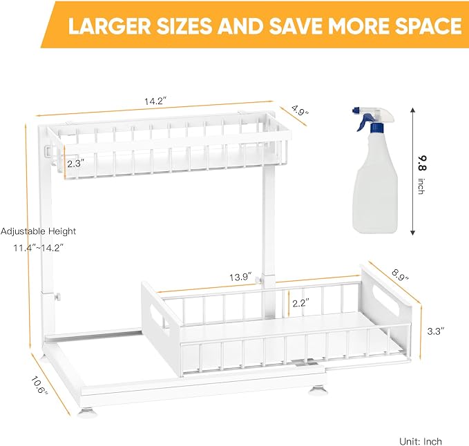 Saydear L-Shaped Under Sink Organizer, 2-Tier Pull-out Cabinet Rack 1-Pack | White Height-Adjustable Steel Rack, Sliding Grid Drawers with PP Liners, Holds 100 Lbs, Suction Base, Ideal Kitchen Storage
