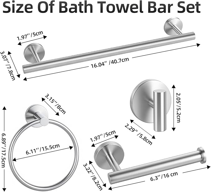 Brushed Nickel Bathroom Hardware Set 10 Pieces, Bathroom Towel Rack Holder Set Wall Mounted, SUS304 Stainless Steel Towel Bar Set - 16 Inch Towel Bar, Toilet Paper Holder, Towel Hooks, Towel Ring