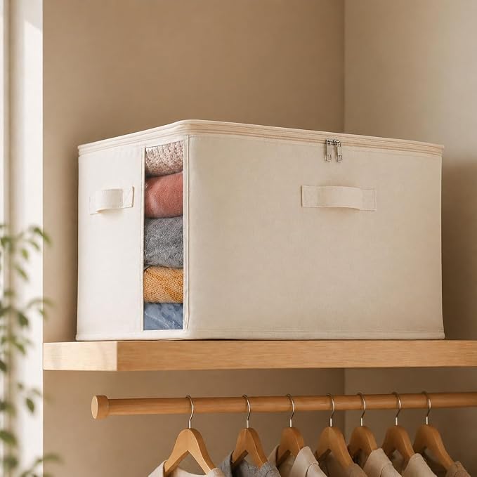 4 Pack Large Canvas Comforter Storage Bags Closet Organizer for Clothes Sweater Clothes Organizer with Dual Zipper Three Carrying Handles for Blanket Closet Storage Container