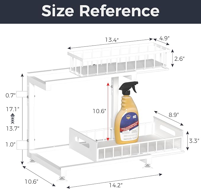 L-Shaped Under Sink Organizer, 2-Tier Pull-out Cabinet Rack 1-Pack | White Height-Adjustable Metal Rack, Sliding Grid Drawers with Safety Stopper, Holds 100 Lbs, Ideal Kitchen Cabinet Storage