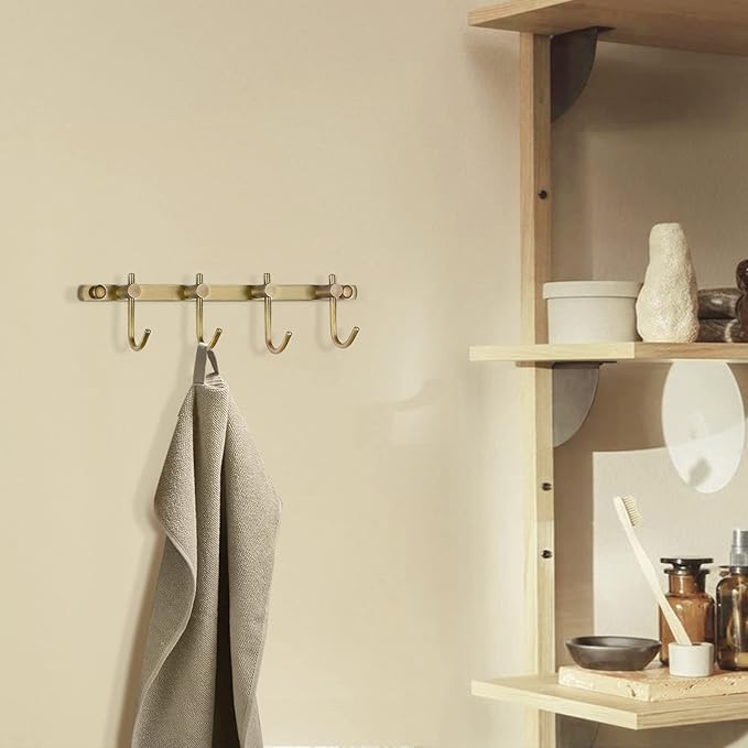 WINCASE Brass Towel Hook Rack, Brushed Brass Wall Hook Rack, Antique Brass Row Hooks with 4 Hooks Rustic Wall Mounted