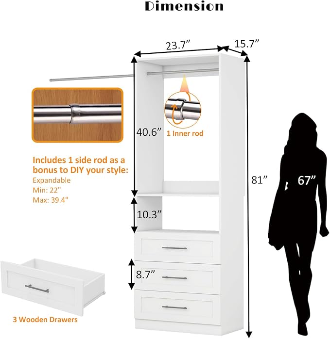 Dilando Closet System with Drawers, 2FT-5FT Closet Organizer System Walk-in Closet Corner Small Freestanding Closets Storage System with 2 Hanging Rods & Shelf White (2FT)