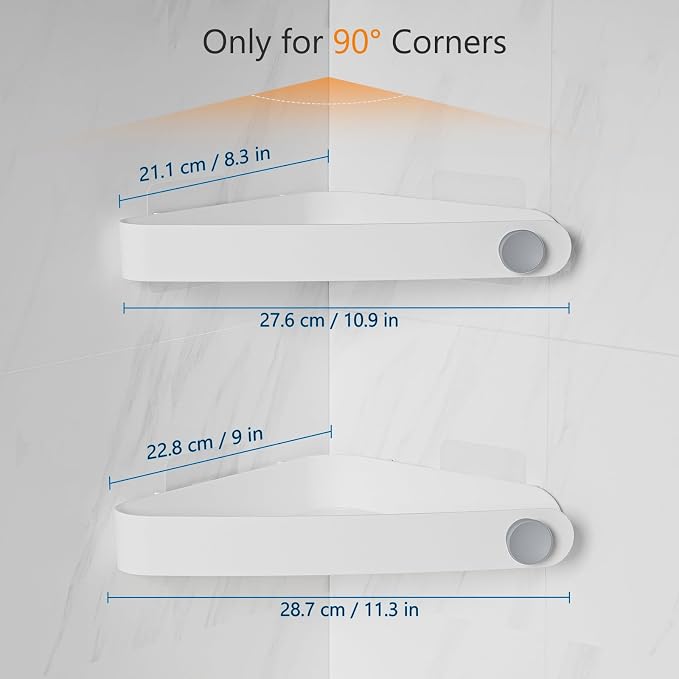 Sotfamily Plastic Shower Caddy Corner (for 90° Only), 2 Pack, White | Adhesive Corner Shower Shelves for Bathroom Organizers and Storage, Bathroom Decor