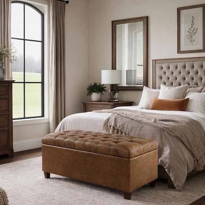 HomePop 40" Button Tufted Storage Bench - Distressed Brown Faux Leather