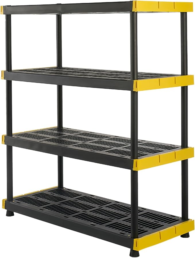 CX Black & Yellow, 4-Tier Heavy Duty Plastic Storage Shelves that Support up to 200lbs/shelf, Organization and Storage, Weather-Resistant Design, Easy Assembly (55" H x 48" W x 20" D) | Freestanding garage utility rack with easy assembly, 4 shelves at ...