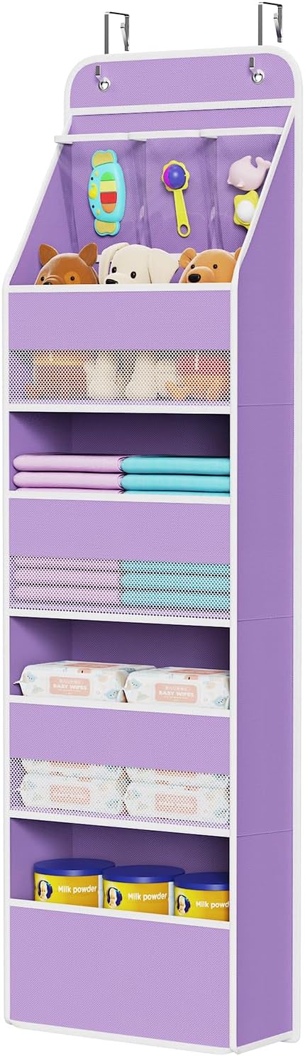 Univivi Fabric Over the Door Organizer for Baby Nursery, Purple, 5-Shelf | Door Storage with Large Capacity Breathable Mesh Pockets, Over Door Hanging Organizer for Baby Essential, Bedroom, and Dorm