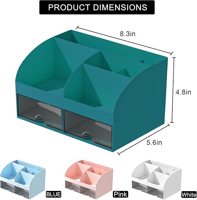 COMFYROOM Desk Organizer with 6 Compartments and 2 Drawers, Plastic Makeup Organizer, Pen Holder for Desktop Storage, Desk Organization for School, Home, Office Supplies (Dark Green)