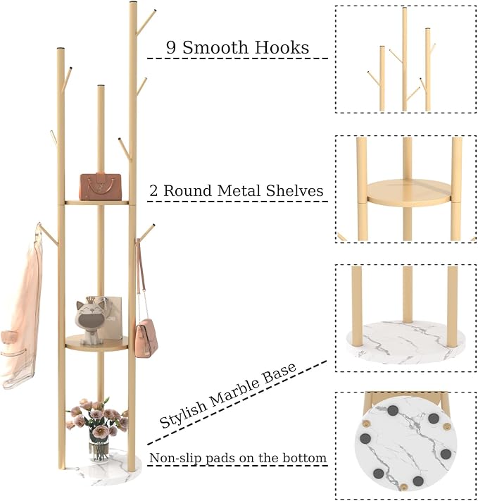 TIEOU Metal Coat Rack, Gold Coat Racks Freestanding with Shelves and Marble Base, Coat Tree with 9 Hooks for Scarves, Bags, Modern Coat Rack Stand for Entryway, Living Room, Bedroom, Easy Assembly