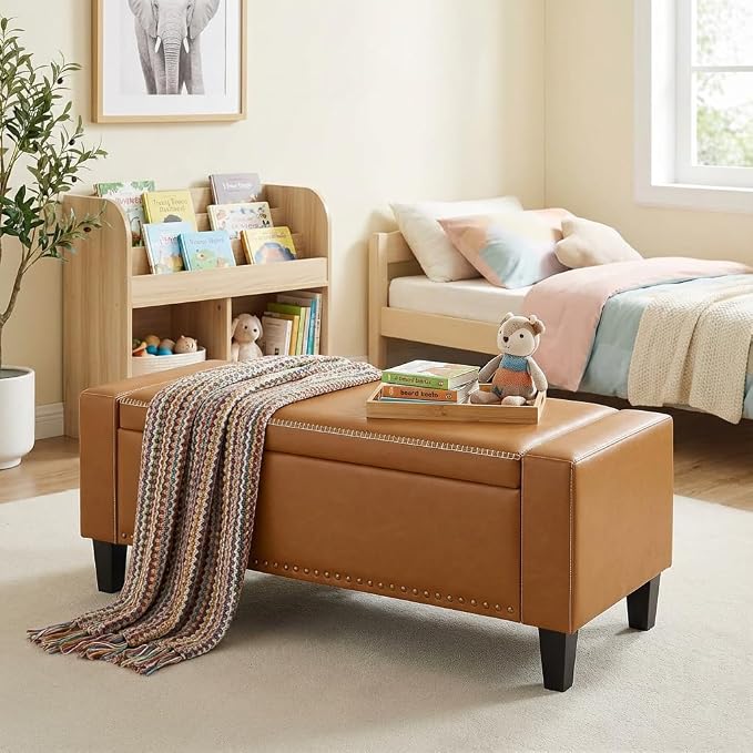 AKMAKM 49''W Storage Ottoman Bench, 30 Gallons End of Bed Bench, Faux Leather, Mid Century Modern, Upholstered Bench with Storage and Seat for Entryway, Living Room, Holds up to 350 lb, Brown