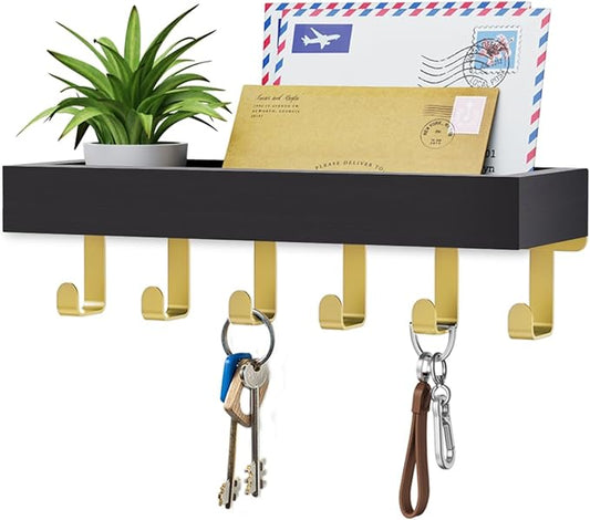 Key Holder Wall Mount Magnetic Adhesive - Key Hooks Rack with shelf | Key Hanger with Mail Organizer for RV Camper Fridge Living Room Decor, Home Essentials, Black Gold