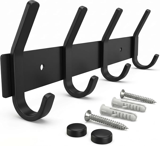 Coat Rack Wall Mount – 12 Inch Stainless Steel Hook Rail with 4 Double Coat Hooks for Hanging – Wall Mounted Entryway Organizer for Coats, Hats, Bags, Towels, Robes, Closet or Bathroom - Black