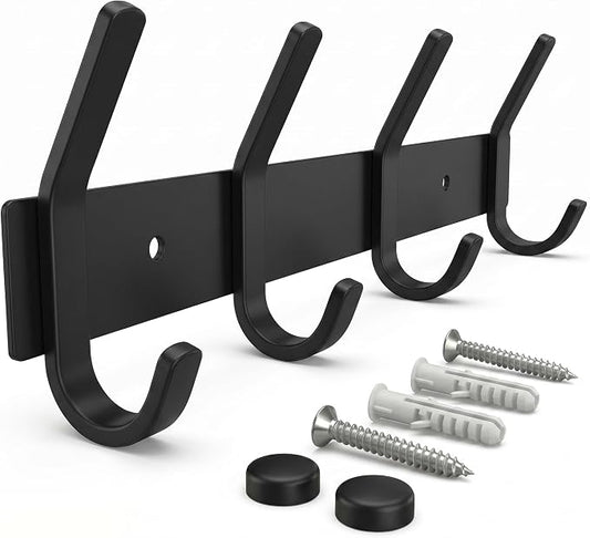 Coat Rack Wall Mount – 12 Inch Stainless Steel Hook Rail with 4 Double Coat Hooks for Hanging – Wall Mounted Entryway Organizer for Coats, Hats, Bags, Towels, Robes, Closet or Bathroom - Black