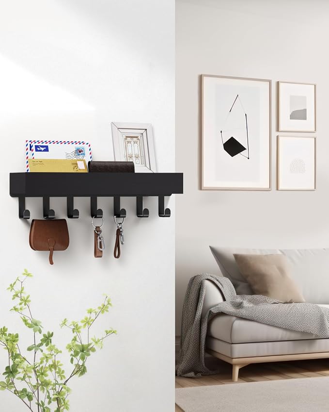 Key Holder Wall Mount Magnetic Adhesive, Key Hooks Rack with Shelf | Key Hanger with Mail Organizer for RV Camper Fridge Living Room Decor, Home Essentials, Large Black