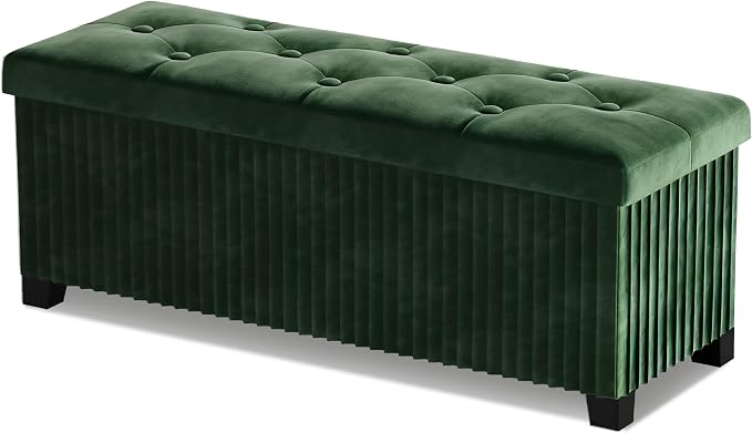 LITZFUR 43 Inches Storage Ottoman Bench, Velvet Foot Rest Stool, Green | Folding Ottoman with Legs, End of Bed Bench, Storage Chest for Living Room, Bedroom