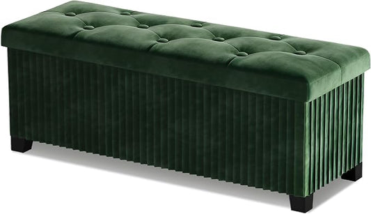 LITZFUR 43 Inches Storage Ottoman Bench, Velvet Foot Rest Stool, Green | Folding Ottoman with Legs, End of Bed Bench, Storage Chest for Living Room, Bedroom