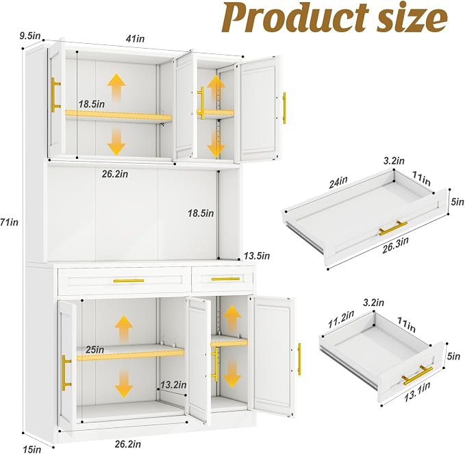 71" Metal Large Pantry Storage Cabinet with Adjustable Shelves,Kitchen Pantry Storage with Drawers,Tall Kitchen Hutch with Countertop for Kitchen,Dining Room and Living Room,White
