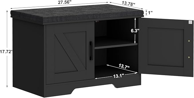 HOMSHO Farmhouse Shoe Storage Bench with 2 Barn Doors & Padded Seat Cushion | 27.6" Wide Entryway Bench with Adjustable Shelves & Hidden Storage, Black