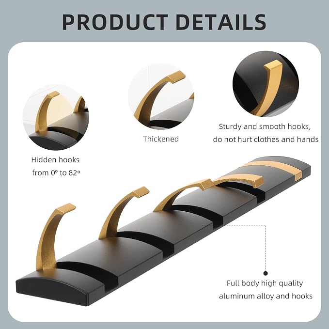 2 Pack Foldable Stylish Modern Hook Rack with 5 Hooks, Coat Hooks Wall Mount, Metal Coat Hook Rail for Coat Hat Towel Purse Robes Mudroom Bathroom Entryway (Black and Gold)
