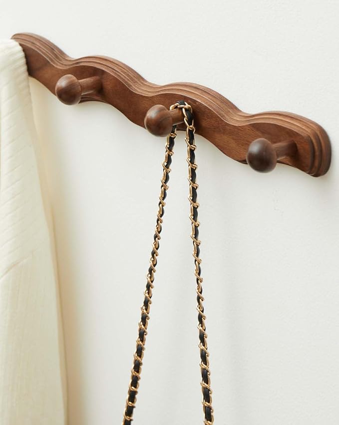 Wood Coat Rack Wall Mount - 4Pack Walnut Coat Hooks for Hanging Clothes,Keys, Robes,Purse,Towels,Bags,Backpack, Modern Decorative Wall hooks Heavy Duty Hanger Organizer for Bathroom,Entryway & Bedroom