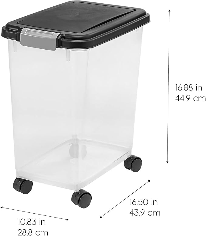 IRIS USA Dog Food Storage Container, Airtight, 30 lb Capacity, Wheels | Airtight seal keeps kibble, bird seed, and pet food fresh while wheels provide easy mobility around the home.