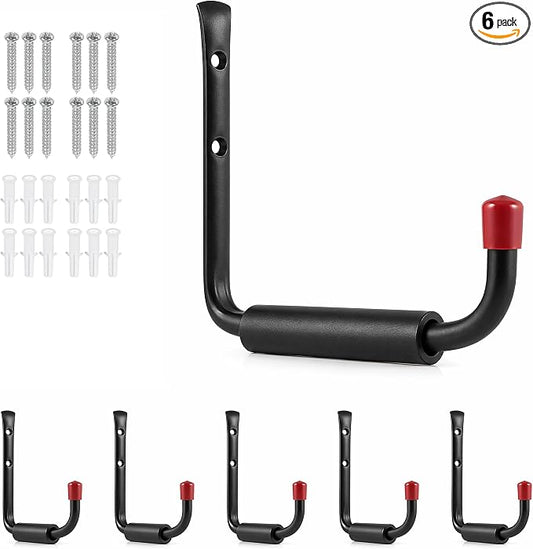 CBWLWJ 6 Pack Garage Hooks Heavy Duty, Multi Functional J Hooks, 9.48 inch Anti Slip Ladder Hooks for Bikes, Chairs, Garden Tools and More.