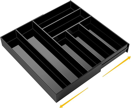 Briwooody Black Acrylic Drawer Organizer Expandable,7 Compartments,Large | 9'' up to 18'' x 12'' x 2.1'' Desk Drawer Organizer Trays Adjustable with Desk Accessories for Makeup Office Bathroom