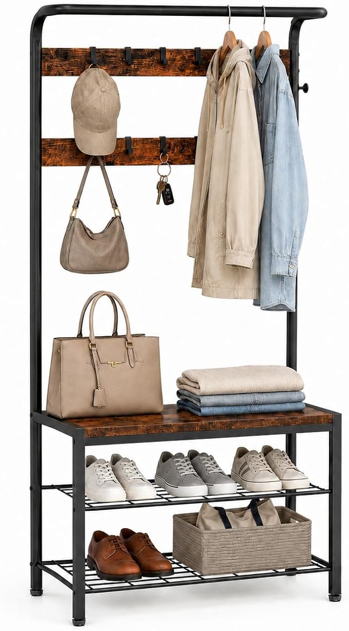 Simple Deluxe 4-in-1 Hall Tree with Bench and Shoe Storage, Entryway Coat Rack with 10 Hooks, Freestanding Mudroom Organizer with 2-Tier Shoe Rack for Entryway Bedroom Foyer, Brown