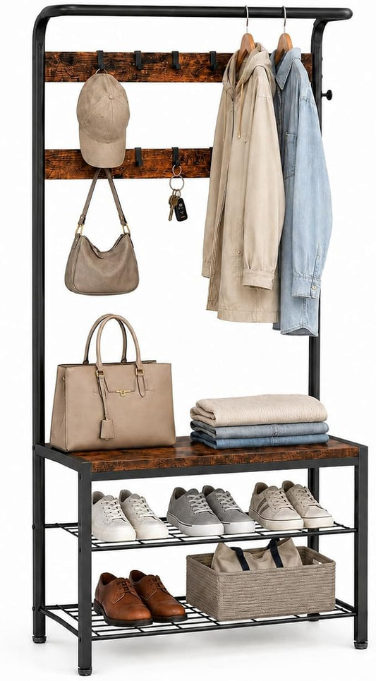Simple Deluxe 4-in-1 Hall Tree with Bench and Shoe Storage, Entryway Coat Rack with 10 Hooks, Freestanding Mudroom Organizer with 2-Tier Shoe Rack for Entryway Bedroom Foyer, Brown
