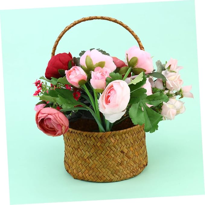 Natural Seagrass Basket Woven Storage Baskets Flower Container Straw Woven Decor Handle Design Home Office Decor