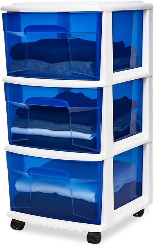 HOMZ 3-Drawer Storage Cart, Plastic Home & Office Organizer, Blue w/ White Frame