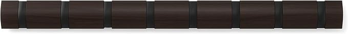 Umbra Flip Coat Rack, Wall Mount 8-Hook, Space Saving, Walnut/Black | Real wood and steel build, retractable hooks fold flat, holds coats bags and scarves, easy install