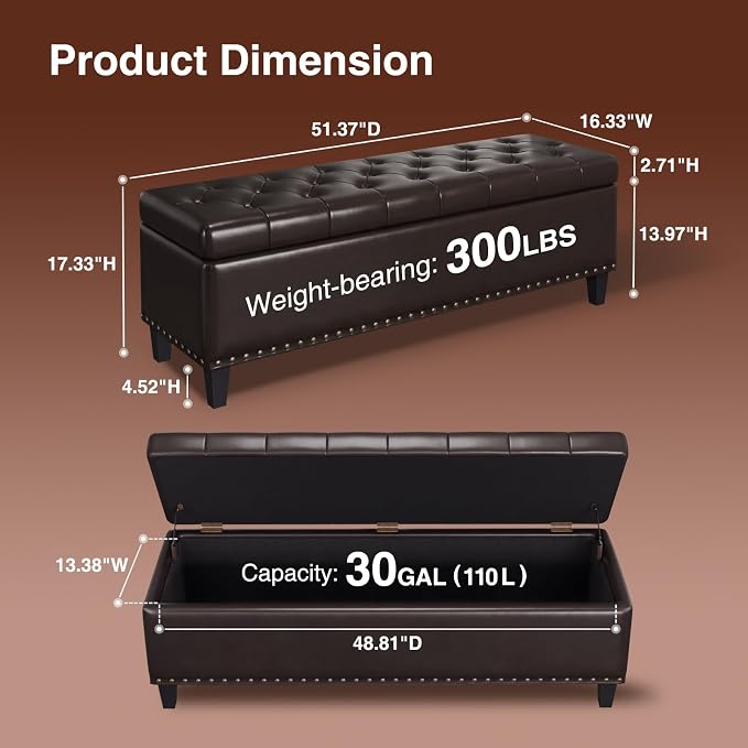 FiveWillowise 51 Inch Storage Ottoman Bench,Large End of Bed Storage Bench | Faux Leather Ottoman with Storage,30 Gallons,Upholstered,with Nailhead Trim,Legs,for Bedroom,Living Room,Entryway,Chocolate