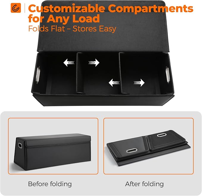 Fyzeoty Car Trunk Organizer for SUV and Sedan, Trapezoidal-Black, 29.5 in | Tailored for Rear Seats, Extra Large, Leather Storage Box, Magnetic Lid, Collapsible & Adjustable, Water‑Resist & Dust‑Proof