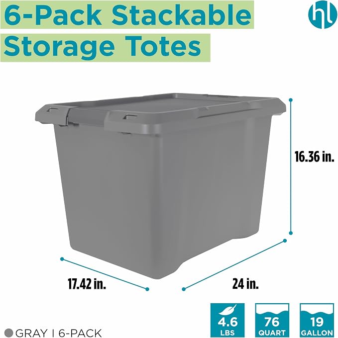 Home Logic 19 Gallon Latched Storage Tote with Lid, Plastic Bins with Lids, Moving Boxes for Garage Organization, Closet Organizer & Home Organization, 6 Pack, Gray