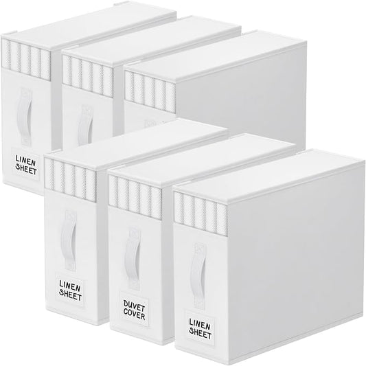 StorageTastic 6 Pack Bed Sheet Closet Organizers and Storage,Sturdy Foldable Storage Containers with Window and Label,Storage and Organization for Bedding Sheets,Duvet Covers,Blankets (White)